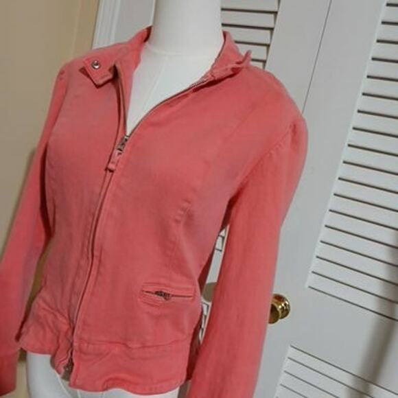 Newport News Jeanology Sz 4 Coral Cotton/Spandex Blend Jean Jacket Zip-Pockets - Picture 1 of 15
